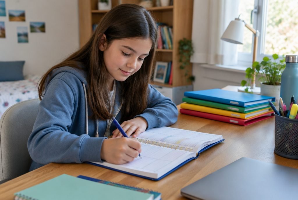 Collégien qui organise seul ses devoirs dans son agenda