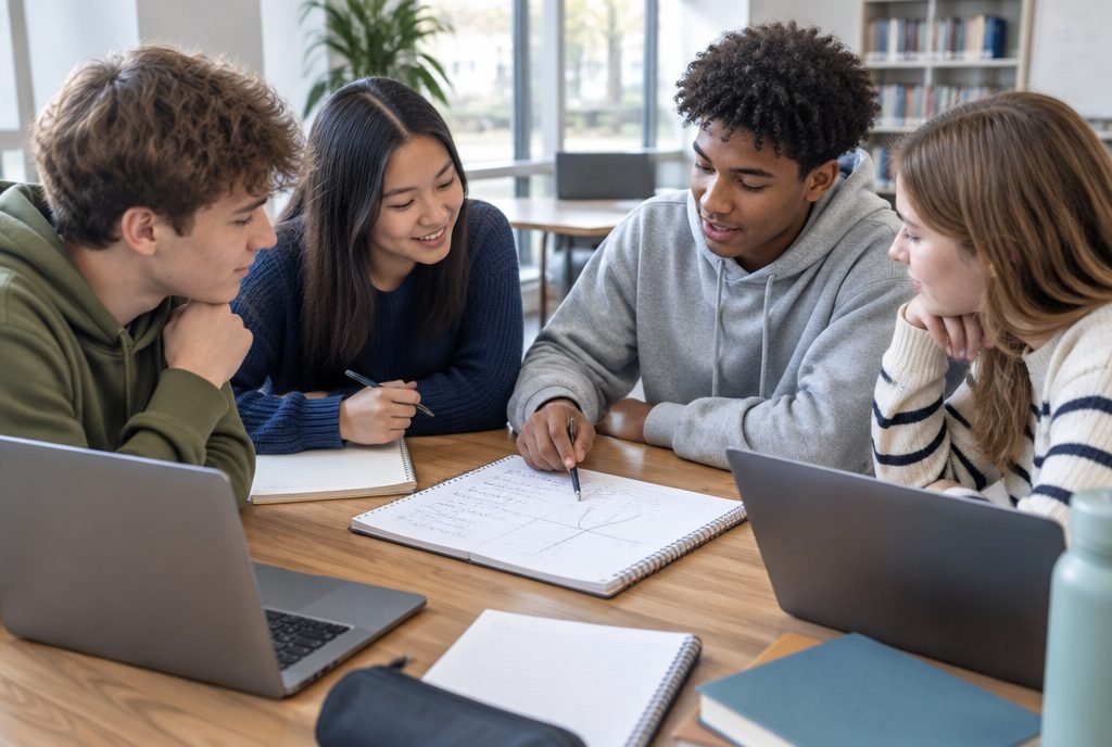 Groupe d'adolescents qui révisent ensemble, l'un explique un exercice