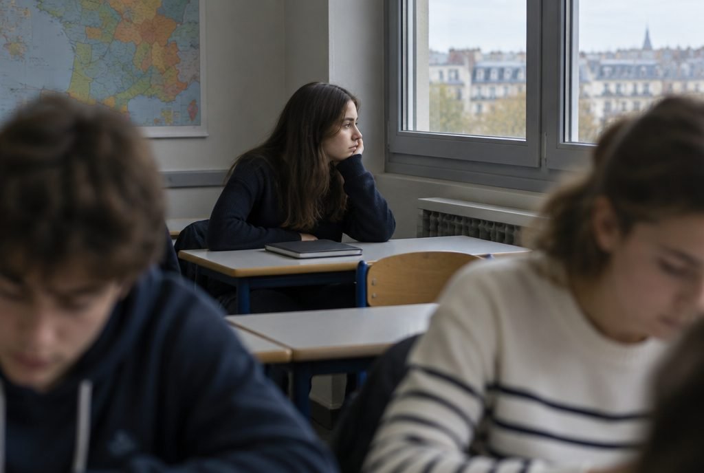 Adolescent désengagé au fond de la classe, regard tourné vers la fenêtre