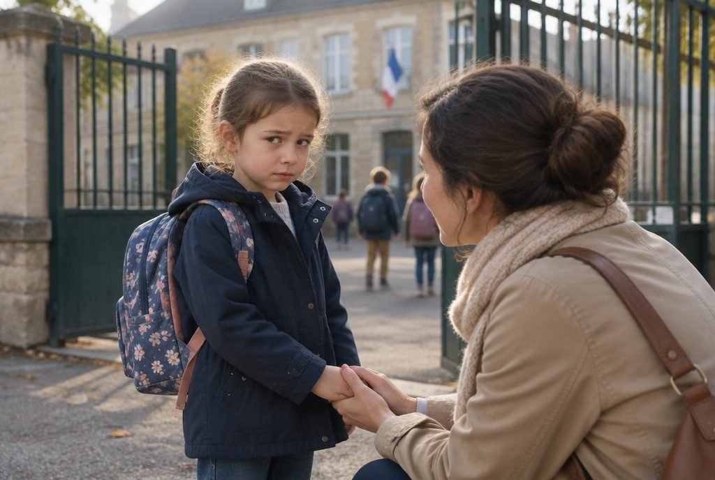 Enfant hésitant devant le portail de l'école, rassuré par son parent