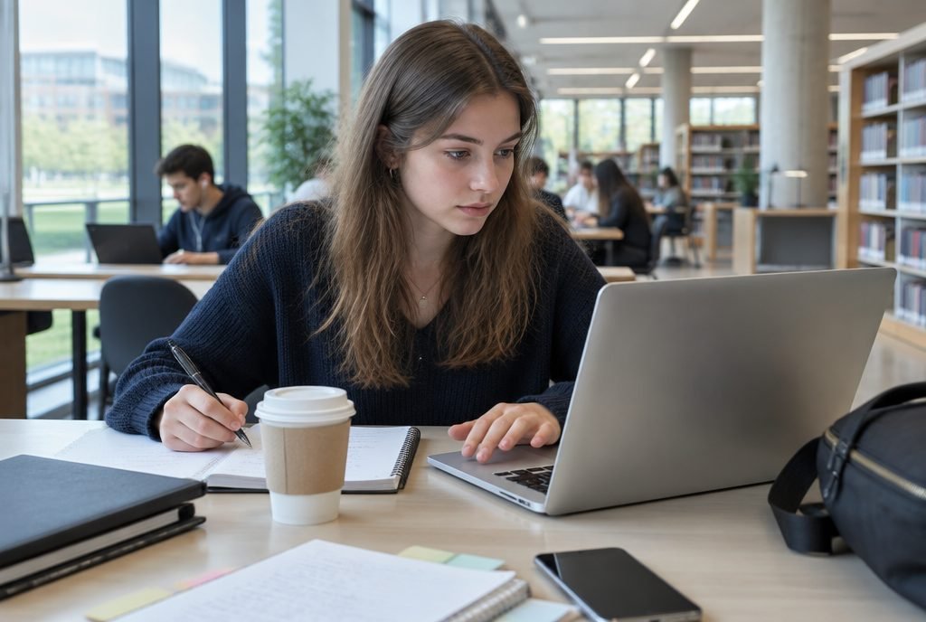 Étudiant préparant sa candidature en école de commerce à la bibliothèque