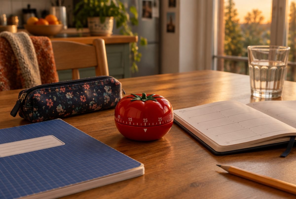 Minuteur tomate posé à côté d un cahier de collégien, méthode Pomodoro pour les devoirs