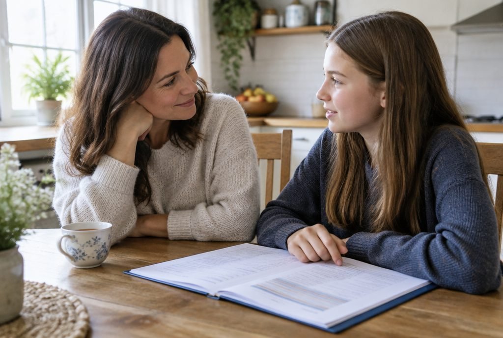 Parent et enfant discutant calmement du bulletin scolaire
