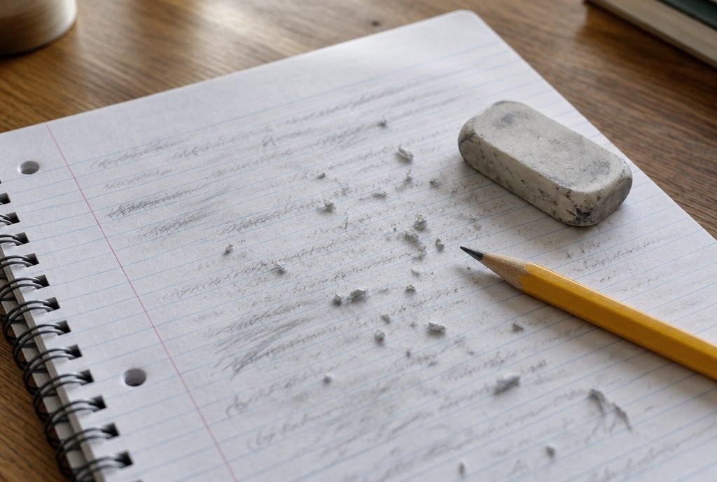 Cahier plein de traces de gomme, signe de perfectionnisme scolaire