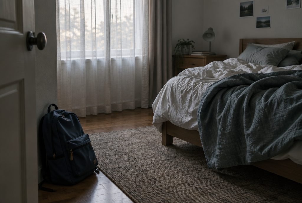 Cartable posé près du lit un matin d'école, symbole du refus scolaire anxieux