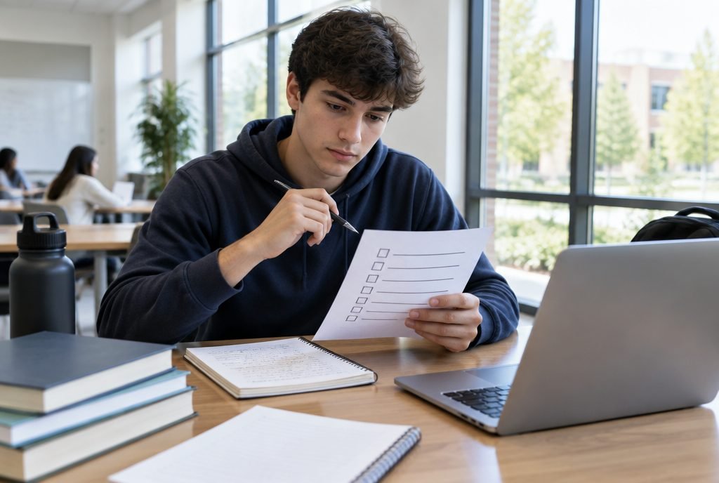 Étudiant qui fait le point sur ses travaux à rendre