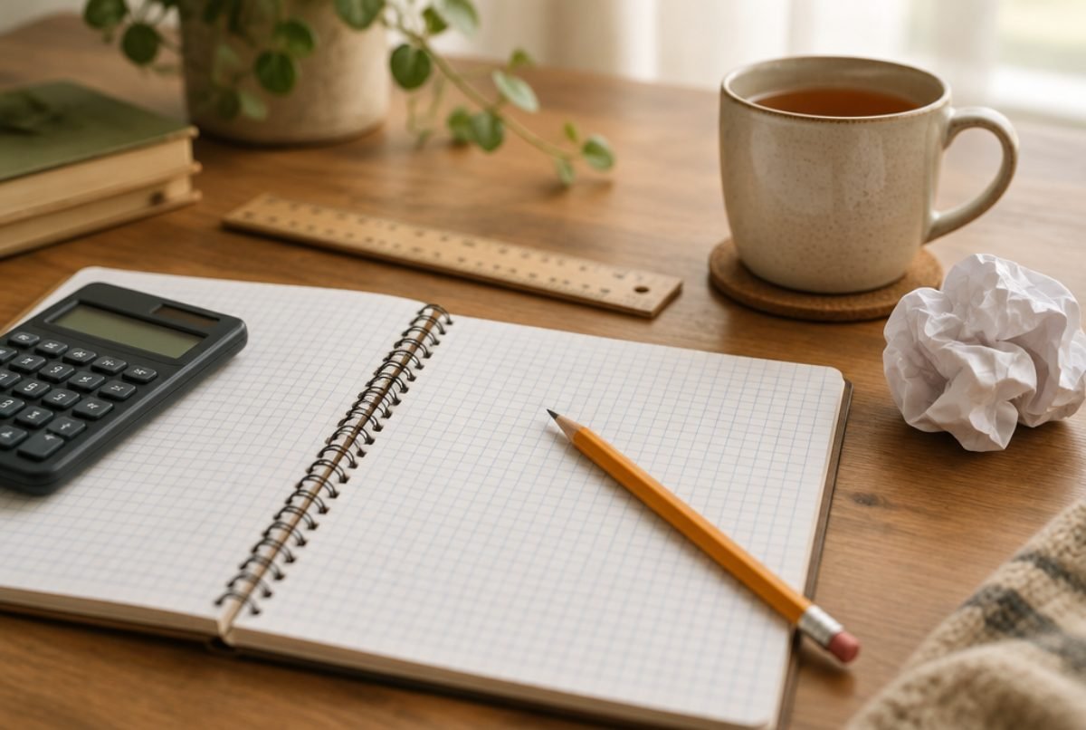 Cahier ouvert avec calculatrice et règle à côté d'une tasse de thé sur une table