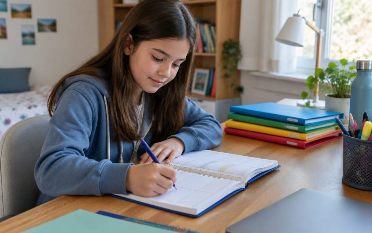 Collégien qui organise seul ses devoirs dans son agenda
