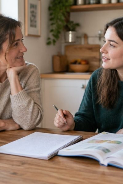 Parent qui échange avec un professeur particulier autour des cahiers de son enfant