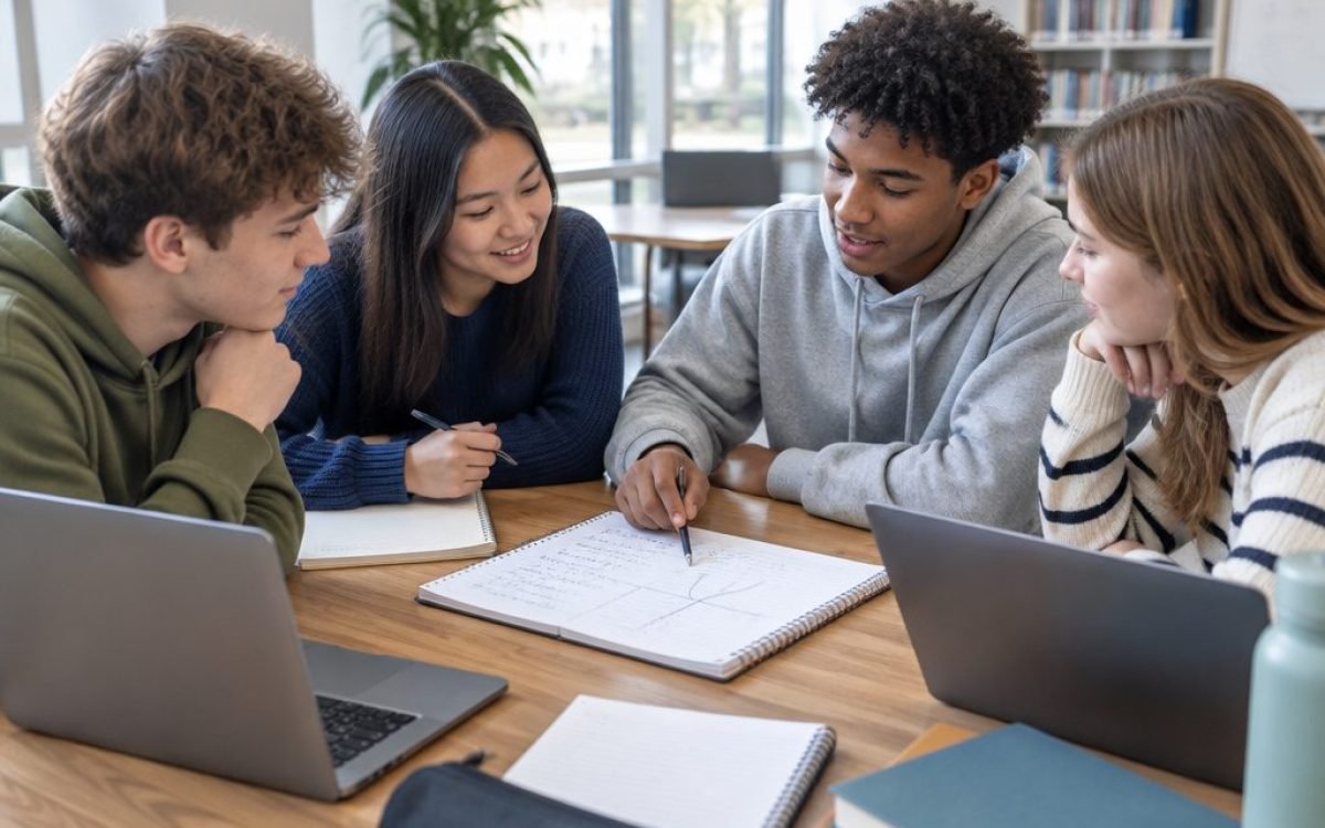 Groupe d'adolescents qui révisent ensemble, l'un explique un exercice