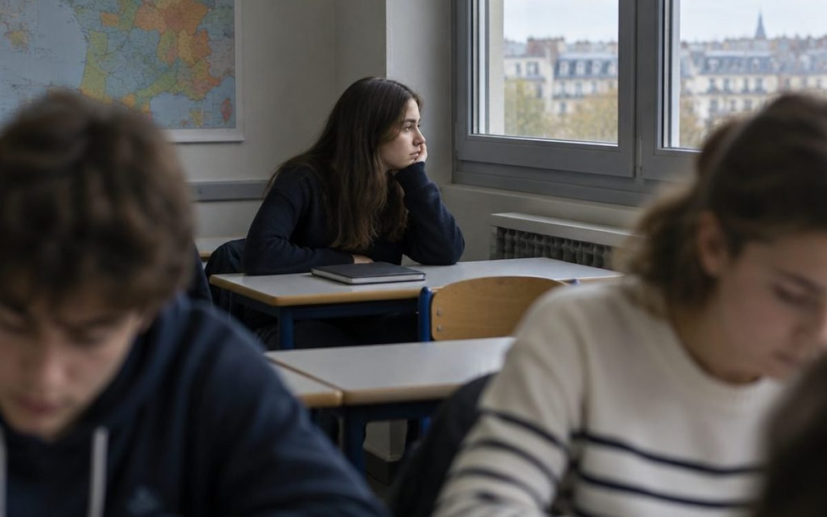 Adolescent désengagé au fond de la classe, regard tourné vers la fenêtre
