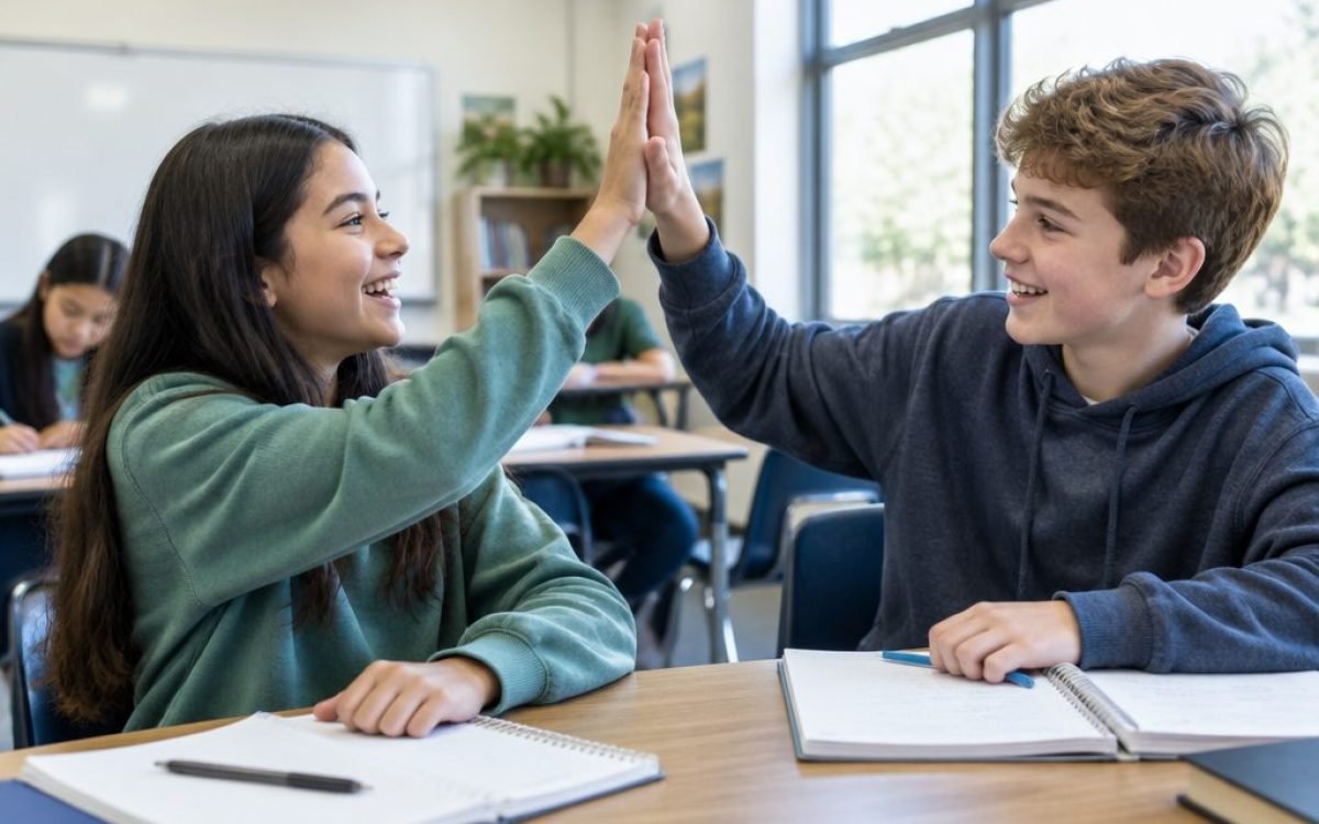 Deux collégiens se tapent dans la main devant leur travail