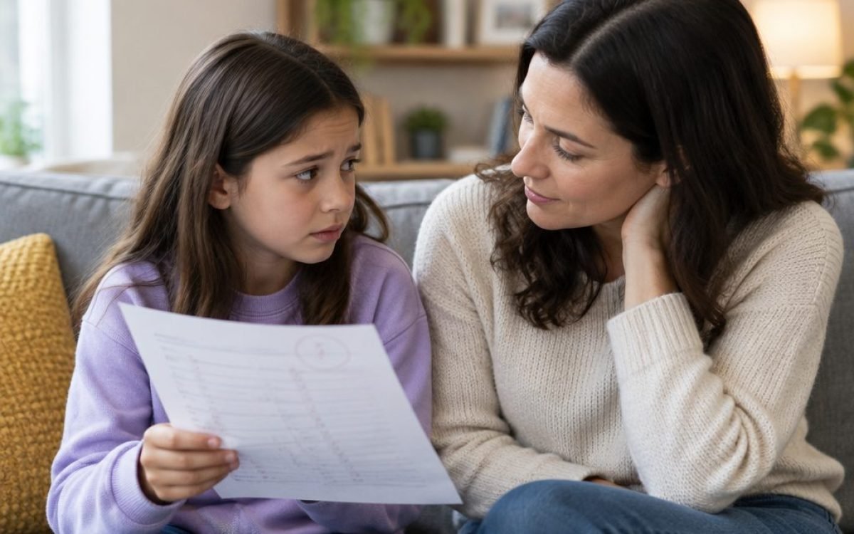 Enfant montrant une copie à sa mère qui l'écoute avec bienveillance
