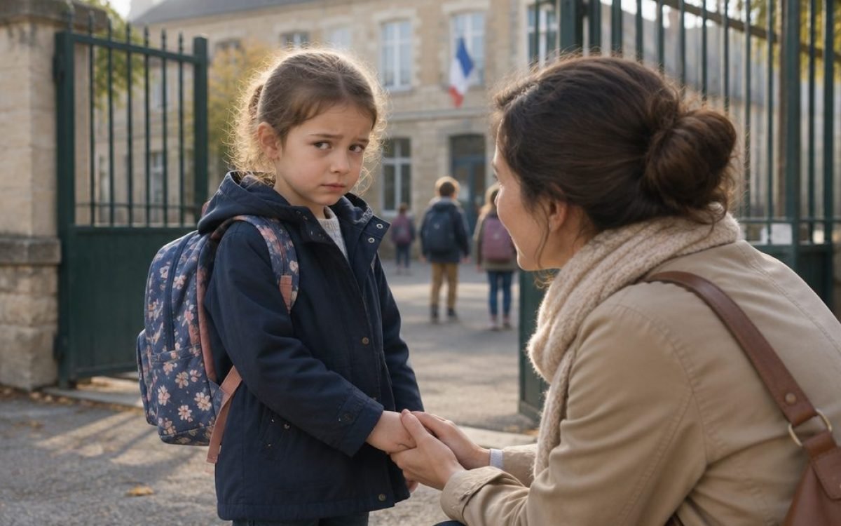 Enfant hésitant devant le portail de l'école, rassuré par son parent
