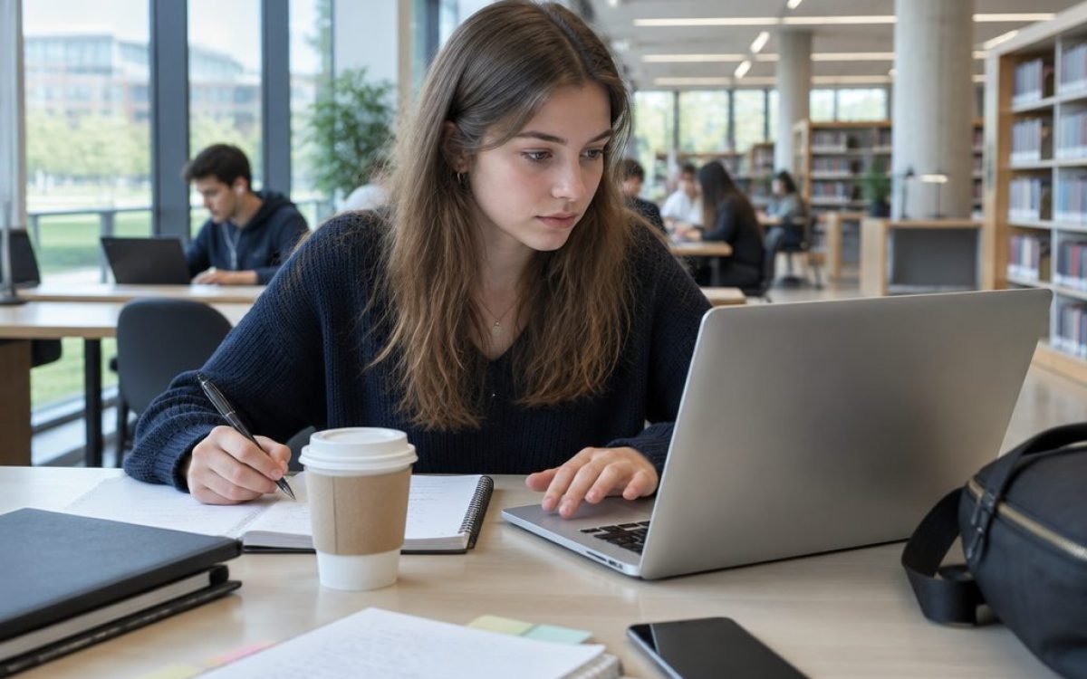 Étudiant préparant sa candidature en école de commerce à la bibliothèque