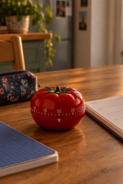 Minuteur tomate posé à côté d un cahier de collégien, méthode Pomodoro pour les devoirs