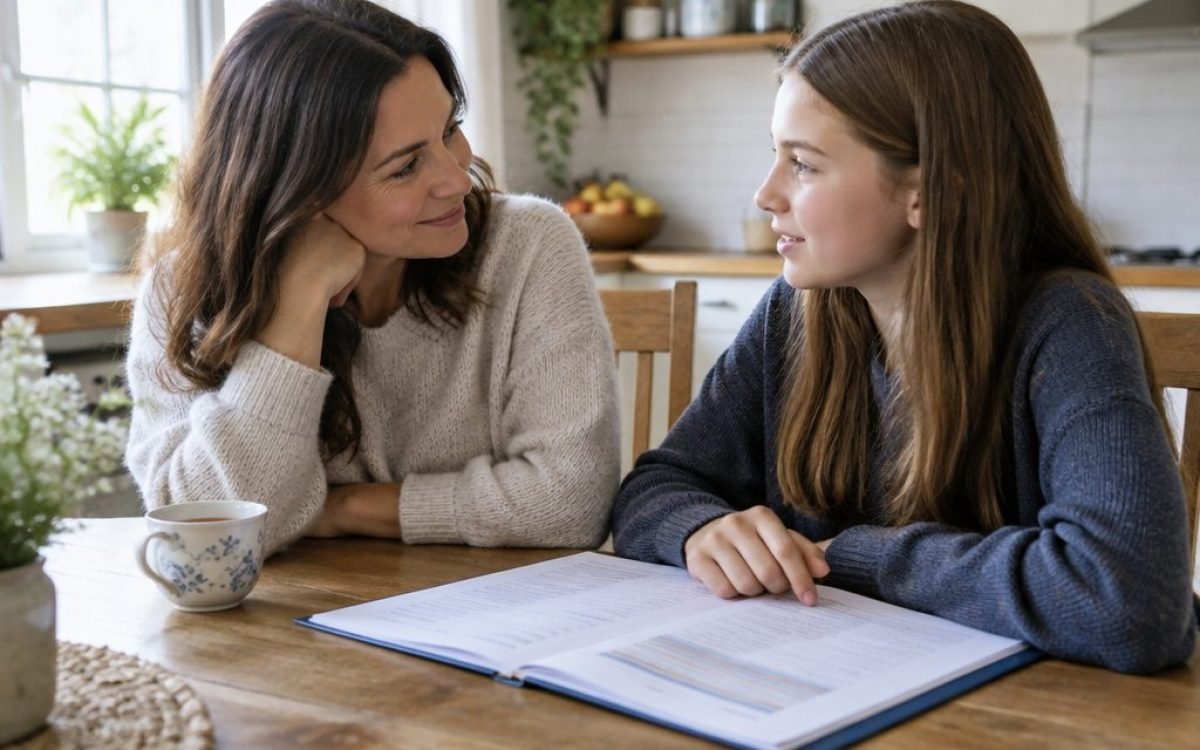 Parent et enfant discutant calmement du bulletin scolaire