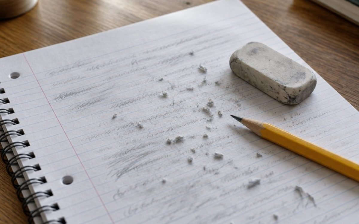 Cahier plein de traces de gomme, signe de perfectionnisme scolaire