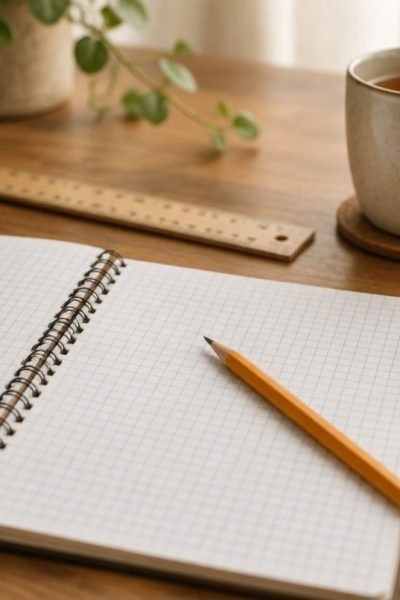 Cahier ouvert avec calculatrice et règle à côté d'une tasse de thé sur une table