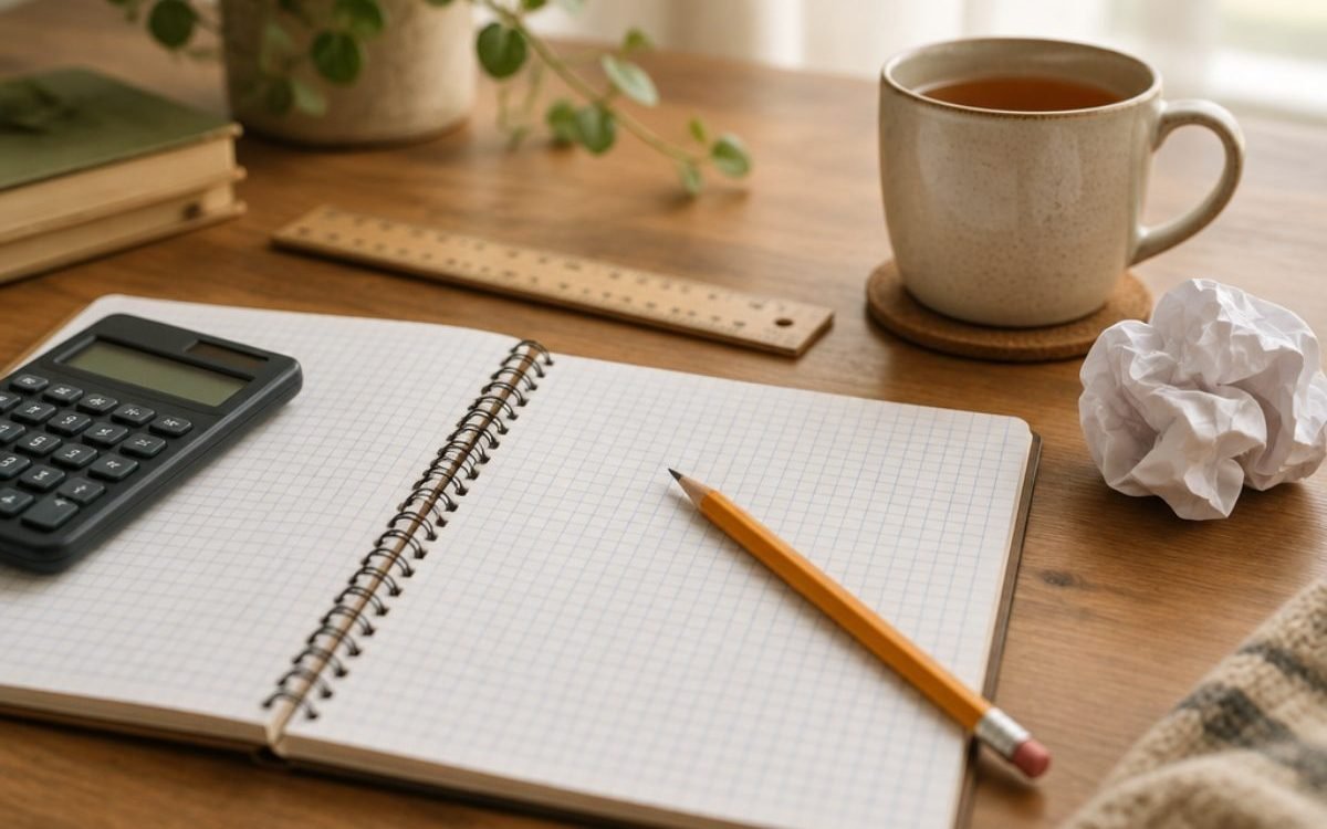 Cahier ouvert avec calculatrice et règle à côté d'une tasse de thé sur une table