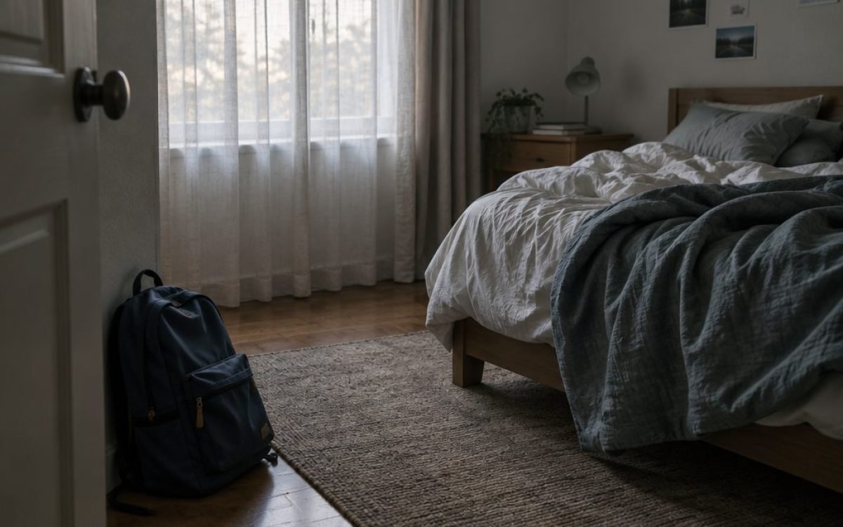 Cartable posé près du lit un matin d'école, symbole du refus scolaire anxieux