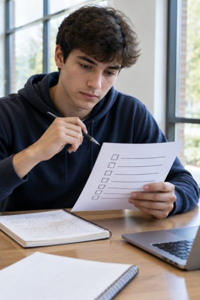 Étudiant qui fait le point sur ses travaux à rendre