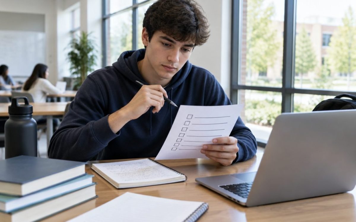 Étudiant qui fait le point sur ses travaux à rendre